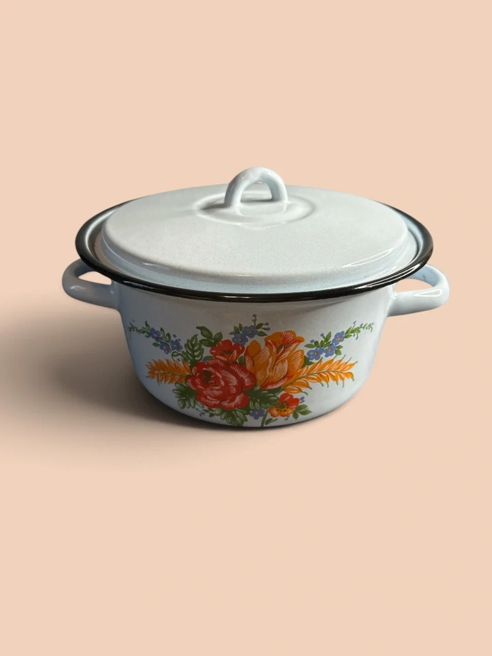 Vintage light blue enamel pot with lid roses print